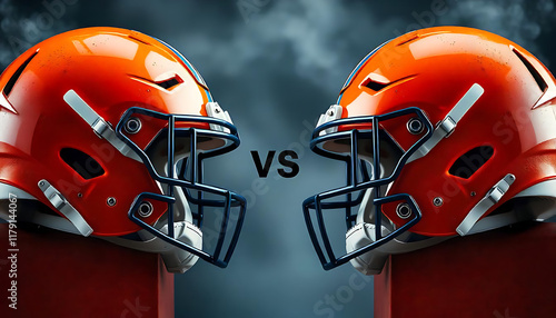 American football helmets facing each other, football competition between two teams, GAME NIGHT, football game banner, poster for website, header, template,  created with generative ai photo