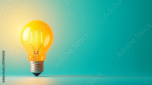 A glowing yellow light bulb stands against a teal background, symbolizing ideas, creativity, and innovation.
