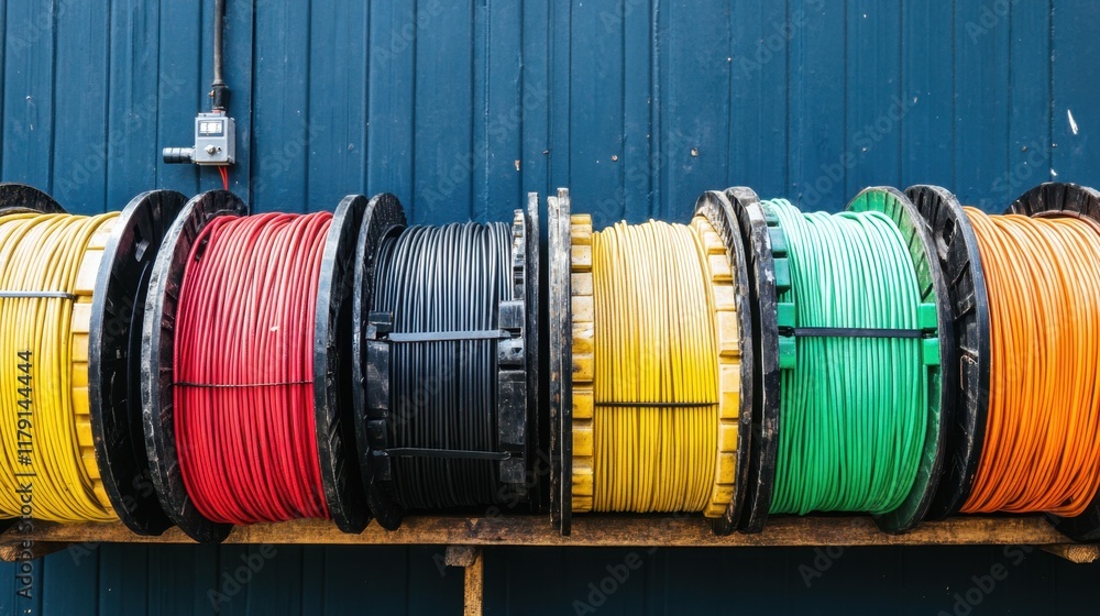 Stacks of industrial cables coiled neatly on a dark blue background Stacks of industrial cables coiled neatly on a dark blue background
