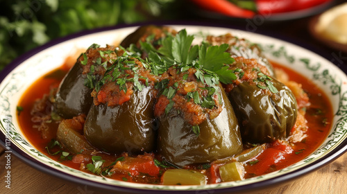 Bulgarian cuisine food of vector vegetable, meat and fish dishes on wooden background. Bryndza stuffed peppers, pork stew and meatball soup, cucumber rolls, eggplant spread and pate, pie and casserole photo