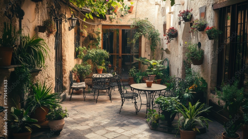Obraz premium charming old courtyard filled with potted plants, wrought iron tables, bathed in warm afternoon light, perfect for a quiet escape