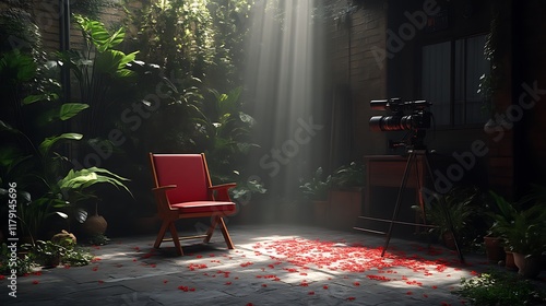 Red Chair Film Set Tropical Garden Setting photo