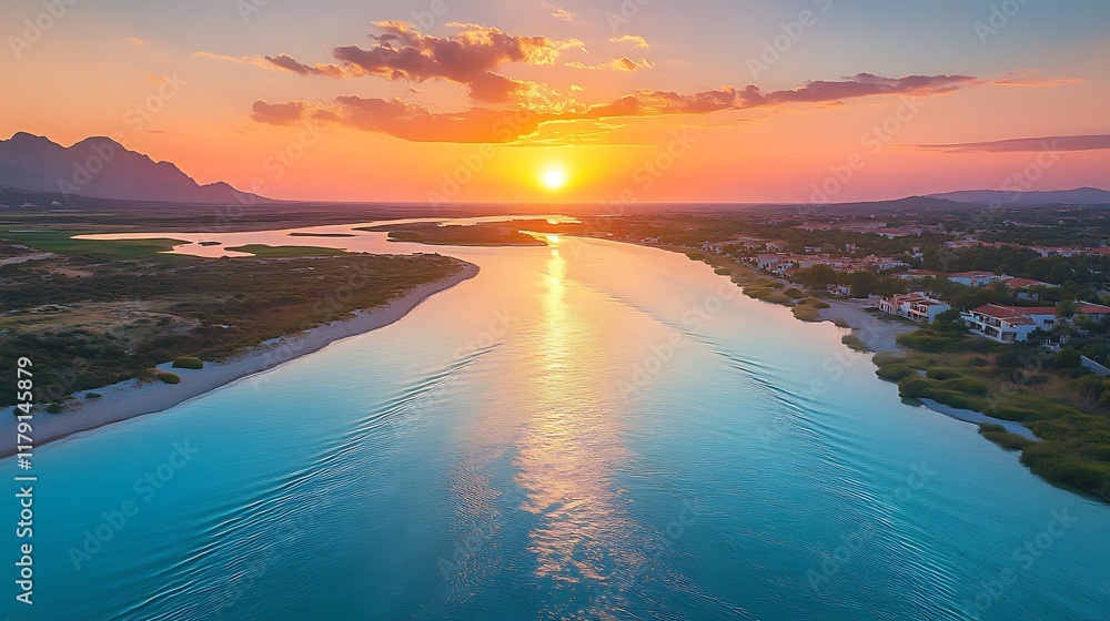Fototapeta premium Sunset serenity over tranquil river coastal landscape aerial view