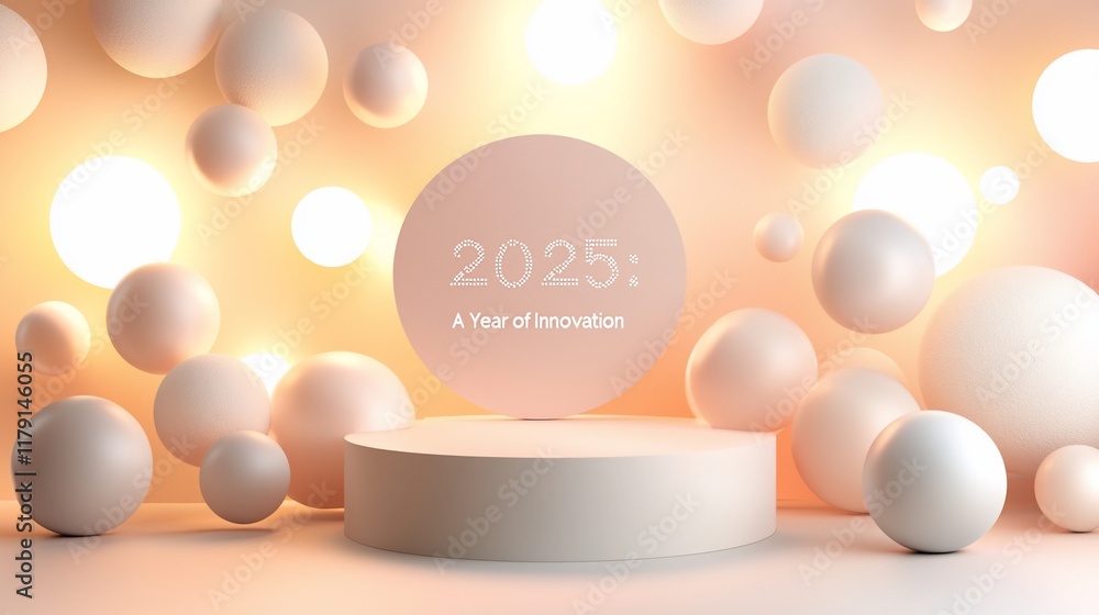 Fototapeta premium 2025 A Year of Innovation - Abstract 3D rendering with spheres and podium.