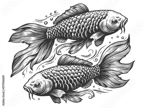 two koi fish swimming in a circular motion, with flowing fins and detailed scalessketch engraving generative ai vector illustration. Scratch board imitation. Black and white image.