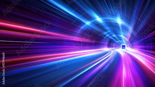 Abstract light streaks in a tunnel, depicting speed and movement.