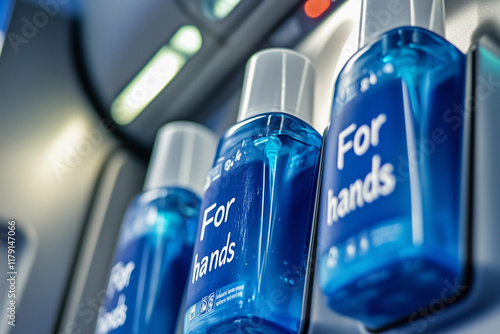 Hand sanitizer dispensers positioned for easy access in a public space to combat germs associated with virus transmission