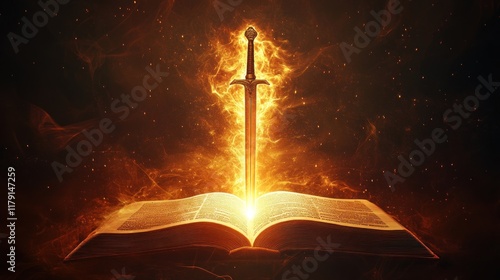 Wallpaper Mural Flaming sword piercing ancient book, fiery light. Torontodigital.ca