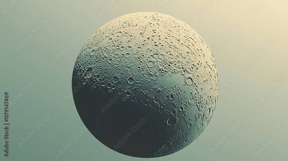 Detailed 3D render of a cratered moon-like celestial body against a muted green backdrop. Detailed 3D render of a cratered moon-like celestial body against a muted green backdrop.