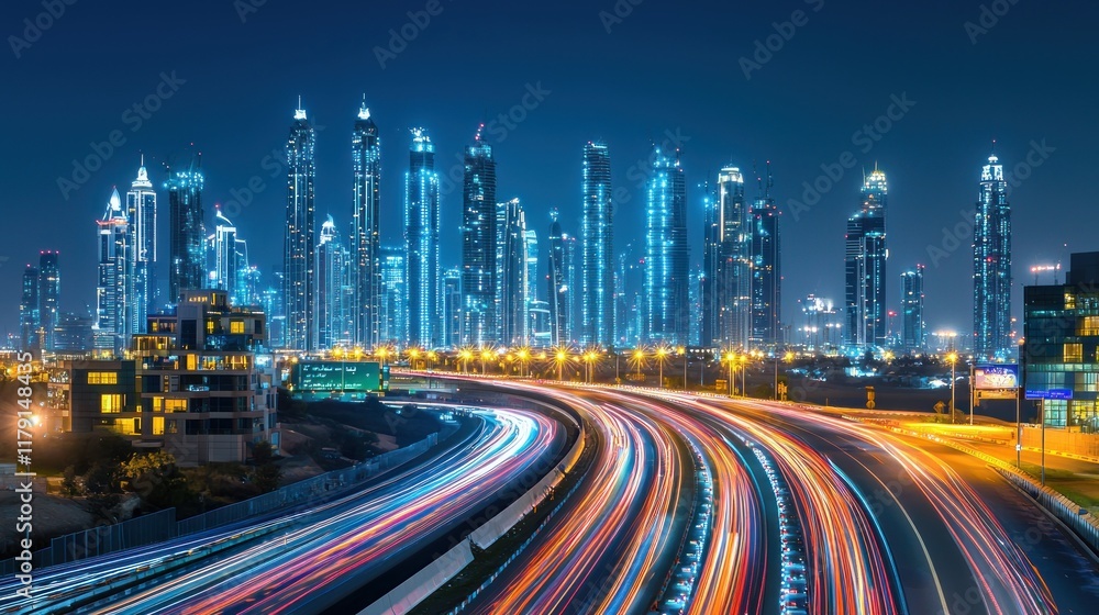 Fototapeta premium Dubai Skyline at Night: A Symphony of Lights and Motion