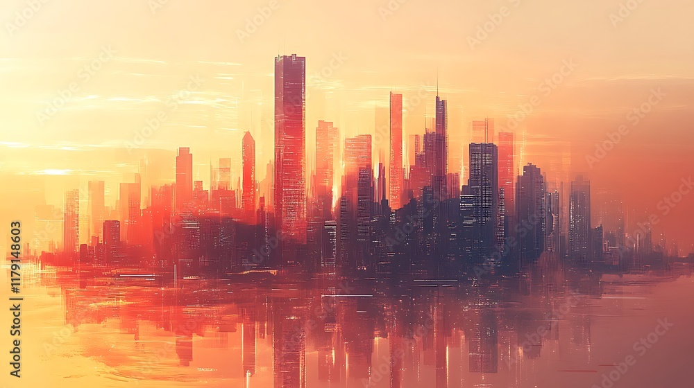 Fototapeta premium Urban sunset skyline cityscape digital art vibrant colors