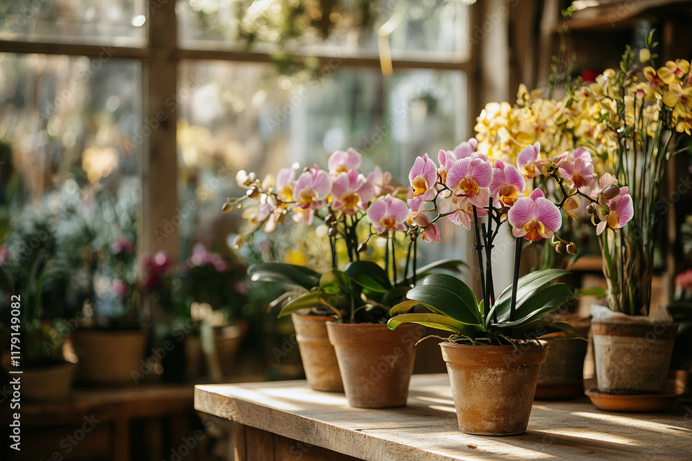 Fototapeta premium Vintage Flower Shop with Moth Orchids in Rustic Terracotta Pots, Soft Golden Light