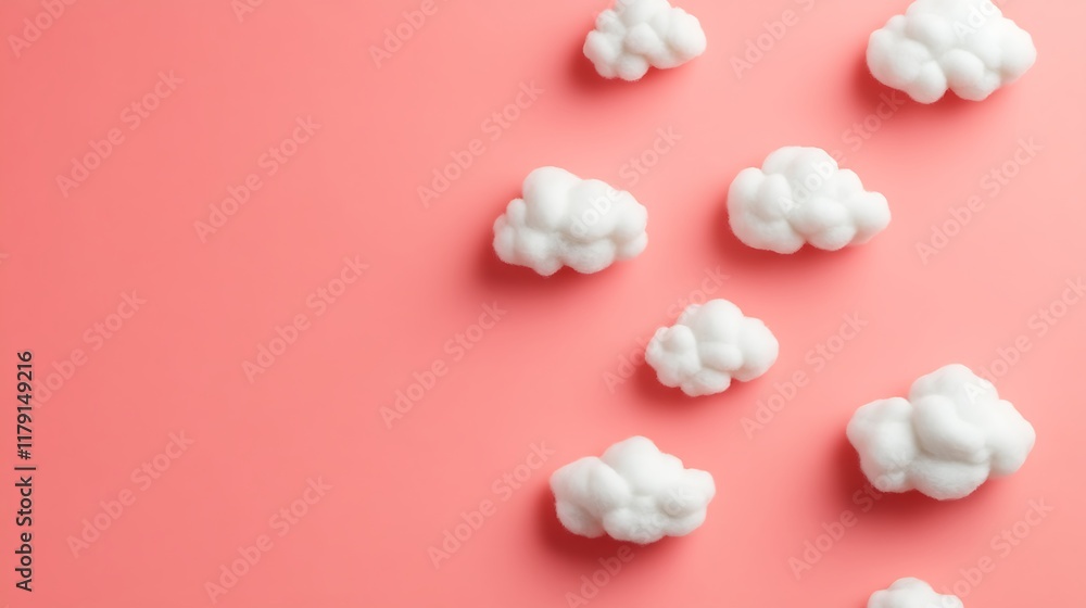White cotton clouds on a pink background White cotton clouds on a pink background