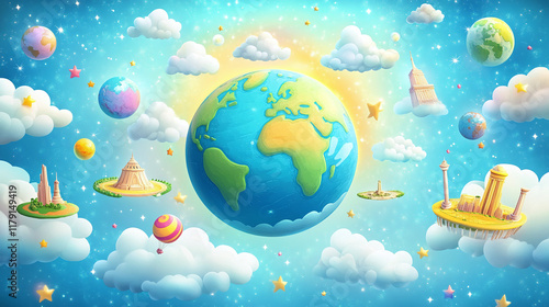 Fototapeta Naklejka Na Ścianę i Meble -  Cartoon planet earth floating in the air around landmarks and clouds on a blue background