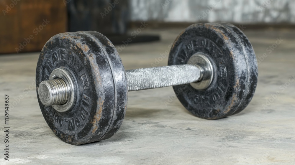 Heavy-duty dumbbell with engraved weight markings, sitting on a concrete floor with blurred gym walls in the background. Heavy-duty dumbbell with engraved weight markings, sitting on a concrete floor with blurred gym walls in the background.