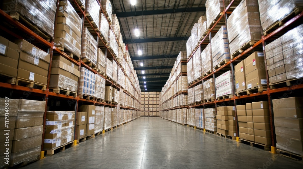 warehouse with stacked boxes, bright industrial lighting, organized storage, logistics efficiency, clean and neat environment, high detail, focus on packaging warehouse with stacked boxes, bright industrial lighting, organized storage, logistics efficiency, clean and neat environment, high detail, focus on packaging