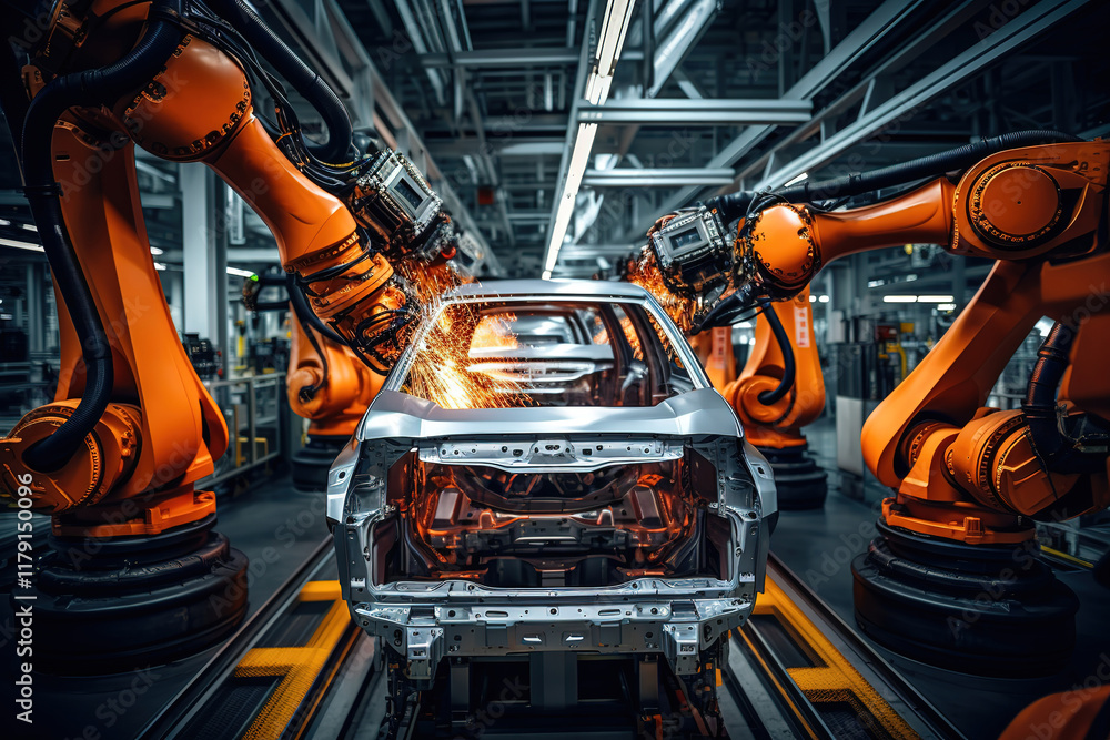 Excellent Robotic arms work in unison to assemble a car in a high-tech manufacturing facility filled Excellent Robotic arms work in unison to assemble a car in a high-tech manufacturing facility filled
