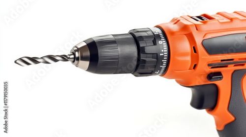 An electric drill with a bit inserted, isolated on a clean white background photo