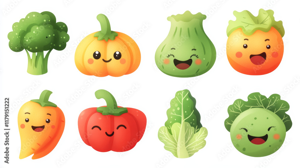 Fresh healthy cartoon vegetables characters with beaming smiles including broccoli, bell pepper, lettuce, chili pepper, kohl and pumpkin or squash, vector illustration isolated on white Fresh healthy cartoon vegetables characters with beaming smiles including broccoli, bell pepper, lettuce, chili pepper, kohl and pumpkin or squash, vector illustration isolated on white