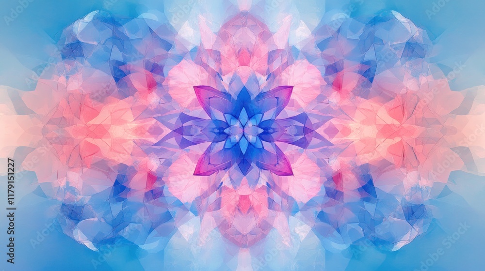 Obraz premium Abstract pastel pink and blue floral kaleidoscope pattern.