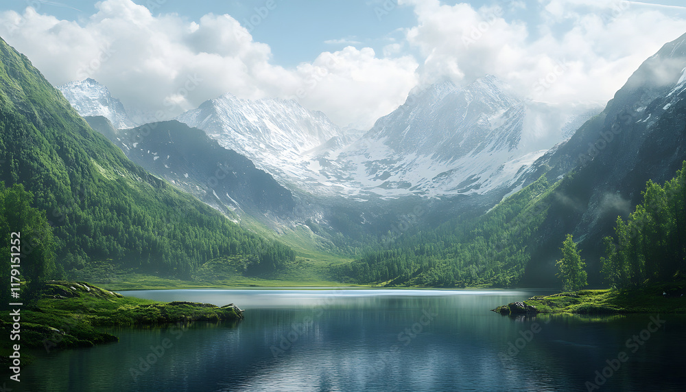 Fototapeta premium Serene Mountain Lake Nestled Among Majestic Peaks