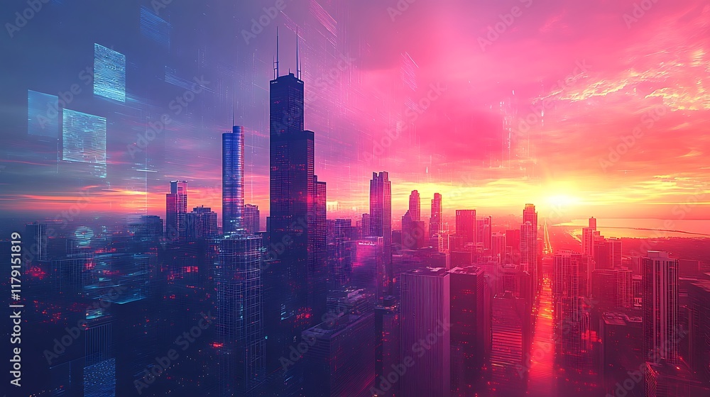 Fototapeta premium Urban sunset skyline view cityscape photography vibrant atmosphere