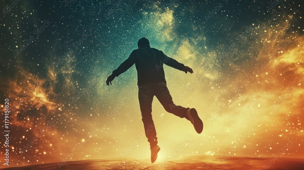 Silhouette of a man leaping into a vibrant, cosmic sunset. Silhouette of a man leaping into a vibrant, cosmic sunset.