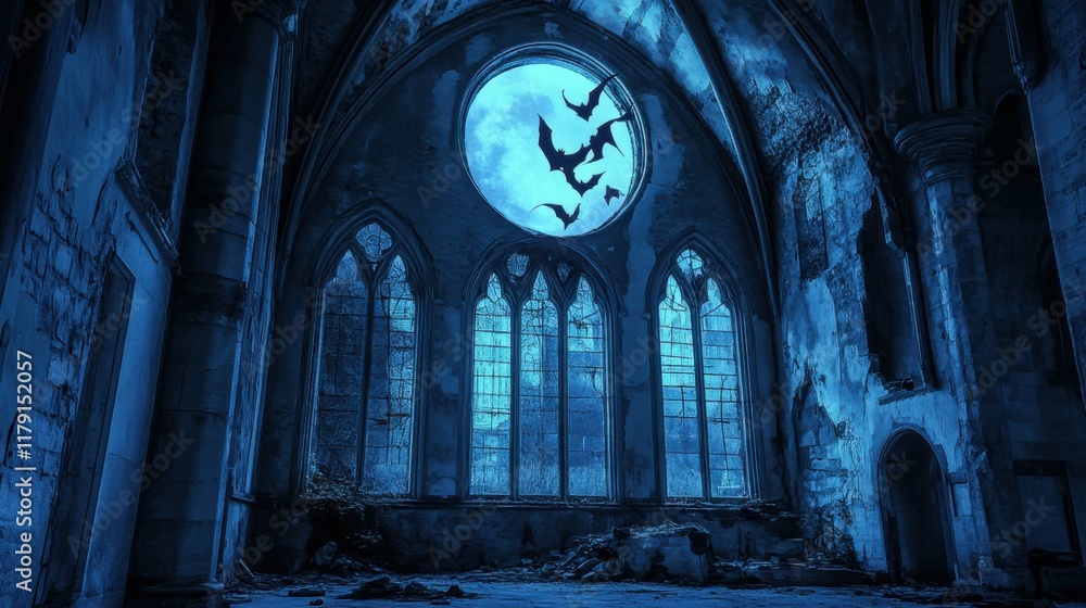 Ancient cathedral ruins illuminated by moonlight, gothic arches, broken stained glass, eerie atmosphere, bats flying overhead, sense of history and mystery Ancient cathedral ruins illuminated by moonlight, gothic arches, broken stained glass, eerie atmosphere, bats flying overhead, sense of history and mystery