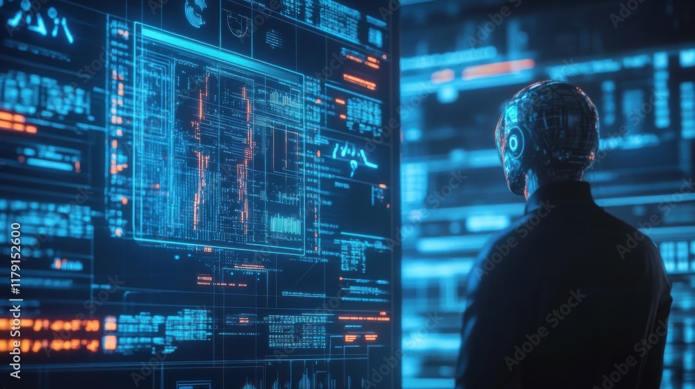 Futuristic interface showing holographic data analysis, concept of AI and machine learning, bright digital screens, focus on technology and innovation, blue tones. Futuristic interface showing holographic data analysis, concept of AI and machine learning, bright digital screens, focus on technology and innovation, blue tones.