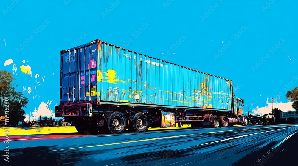 Vibrant Blue Container Truck in Motion: A Bold Artistic Impression Vibrant Blue Container Truck in Motion: A Bold Artistic Impression