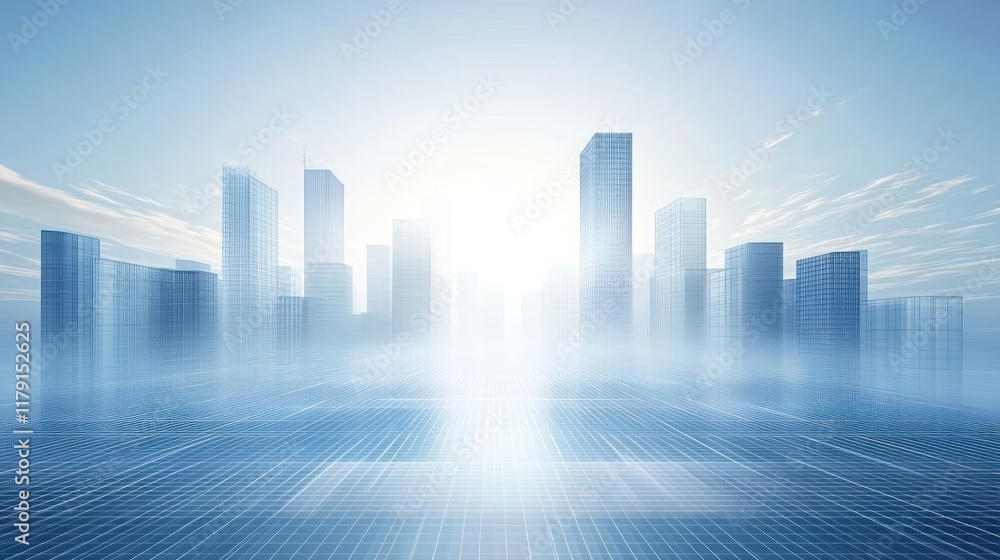 Fototapeta premium Futuristic city skyline with bright light and grid lines in the foreground.