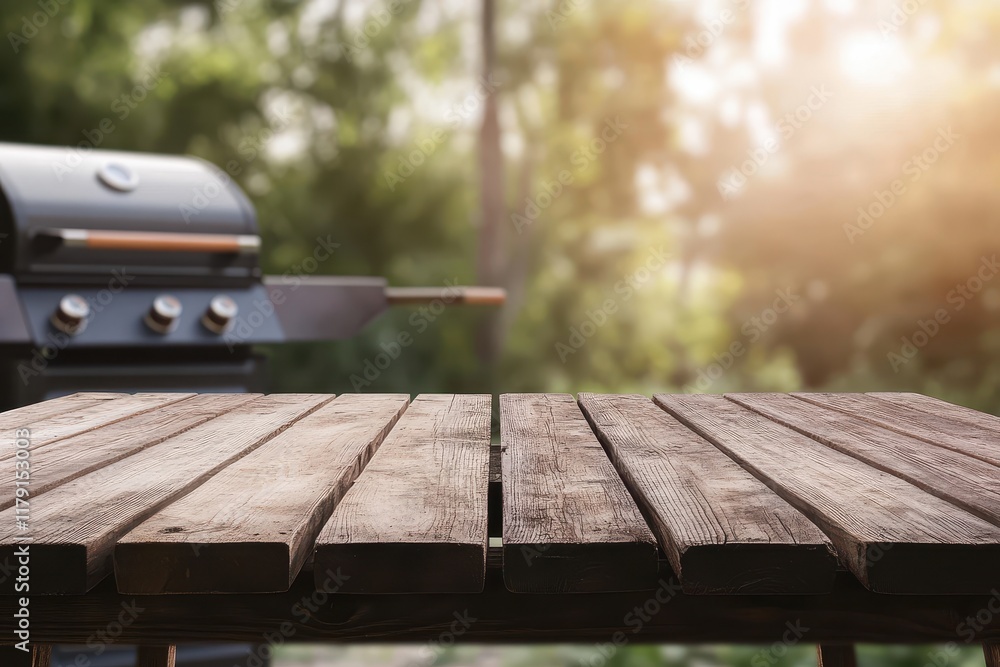 Rustic wooden table, BBQ grill, sunny forest, summer picnic Rustic wooden table, BBQ grill, sunny forest, summer picnic