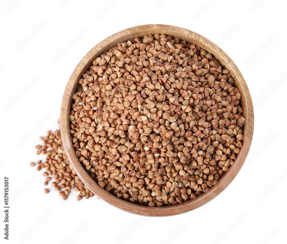 Raw buckwheat in bowl isolated on white, top view Raw buckwheat in bowl isolated on white, top view