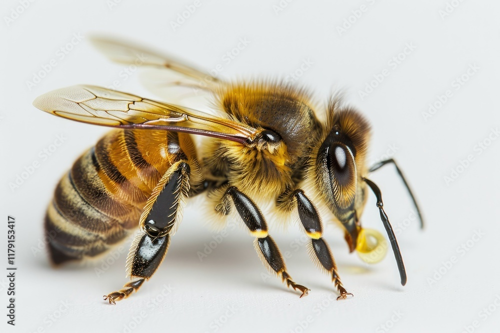 Flawless Visual of a Bee Collecting Nectar on a White Surface Flawless Visual of a Bee Collecting Nectar on a White Surface