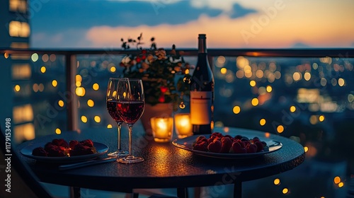 A romantic dinner for Valentine's Day on a balcony, with soft lights, wine, and a breathtaking city view