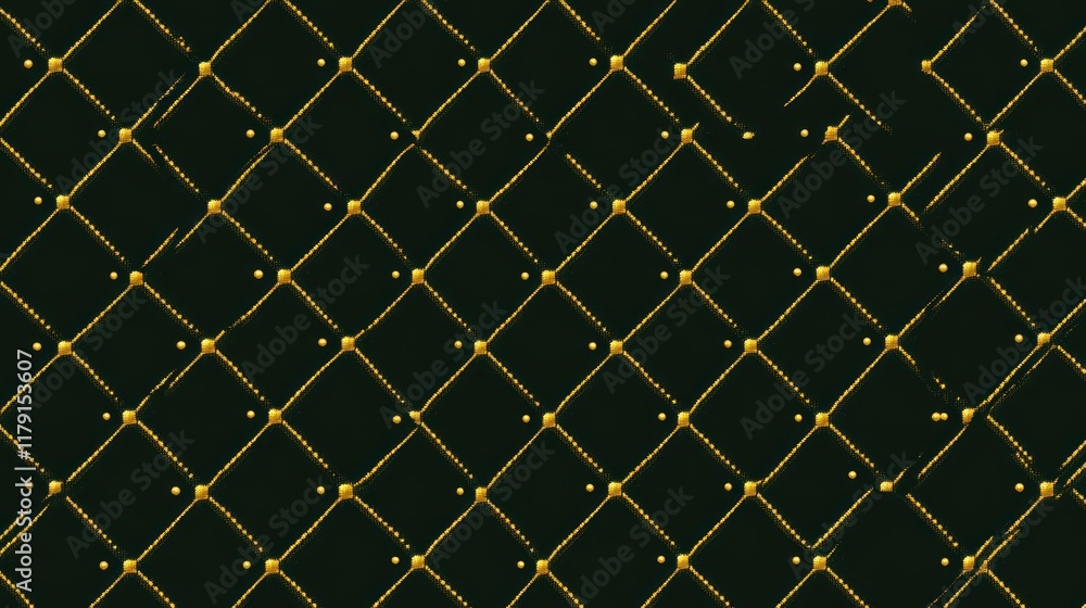 Fototapeta premium Dark green background with golden diamond pattern and studs.