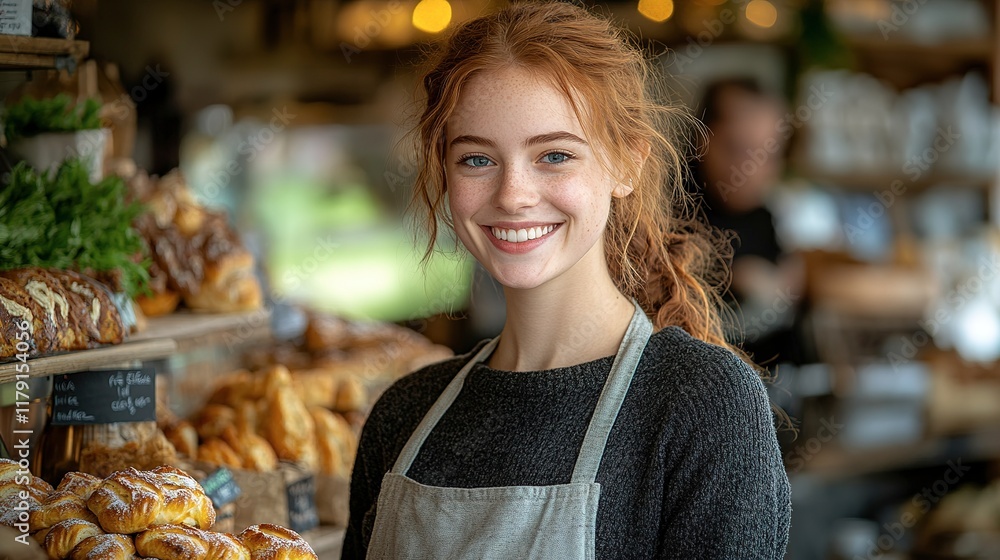 Red haired baker smiles in a bakery shop Red haired baker smiles in a bakery shop