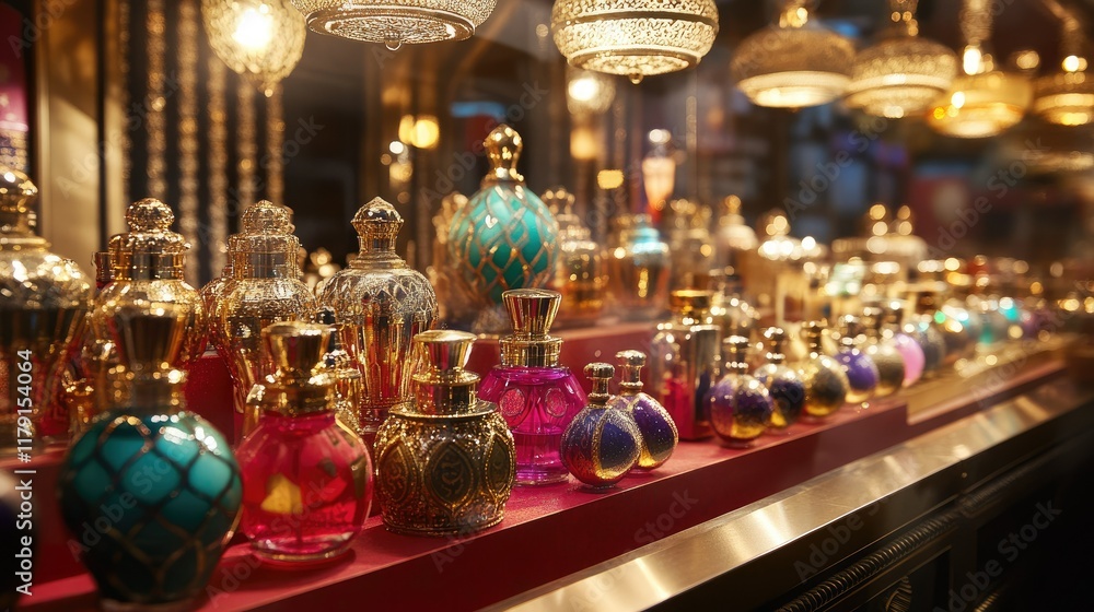 Exotic Collection of Colorful Perfume Bottles on Display in Storefront Exotic Collection of Colorful Perfume Bottles on Display in Storefront