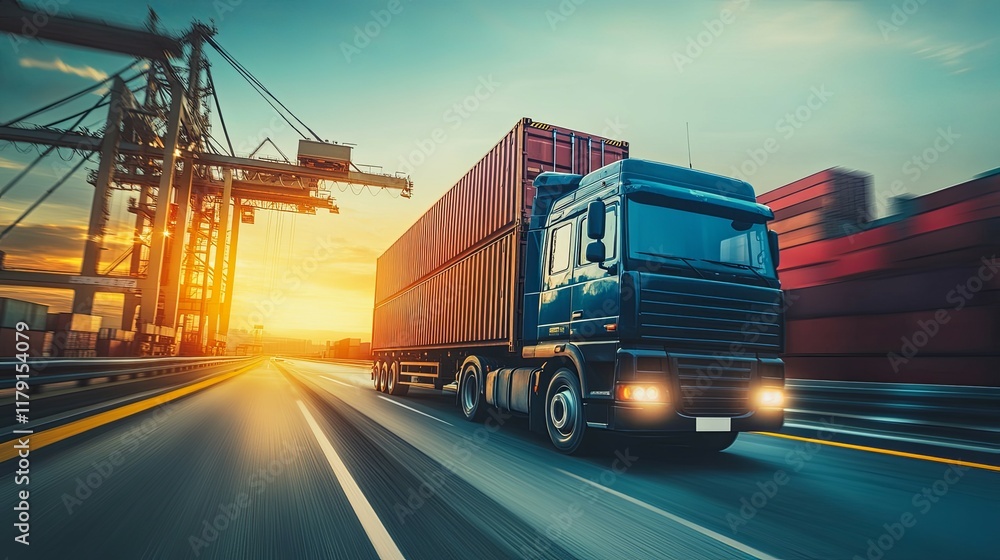 Majestic Cargo Truck on Highway at Sunset: A Dramatic Industrial Scene Majestic Cargo Truck on Highway at Sunset: A Dramatic Industrial Scene
