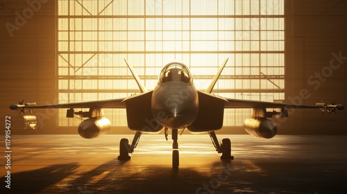 Fighter jet in hangar at sunset.