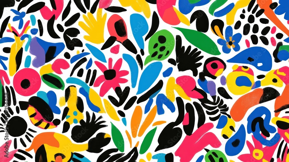 Obraz premium Vibrant abstract floral pattern with colorful shapes and flowers on white background.