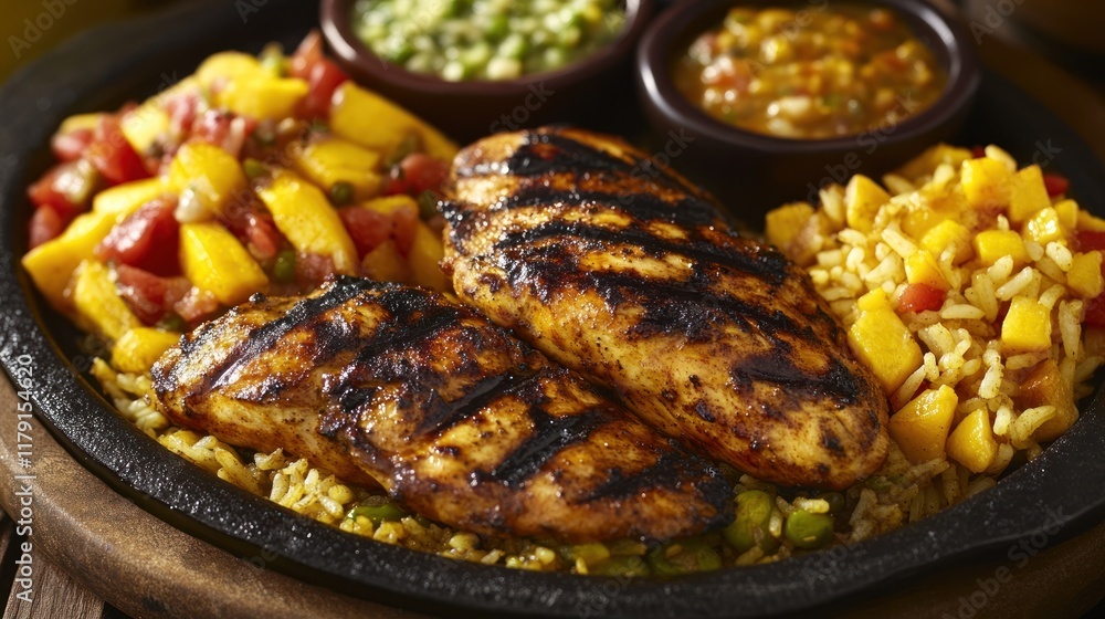 Grilled chicken breast with mango salsa, rice, and two sauces. Grilled chicken breast with mango salsa, rice, and two sauces.