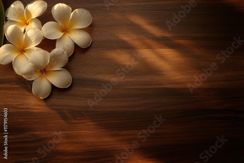 the dim light of white Plumeria,Frangipani,Leelawadee flowers on a wooden table with copy space, closeup photo