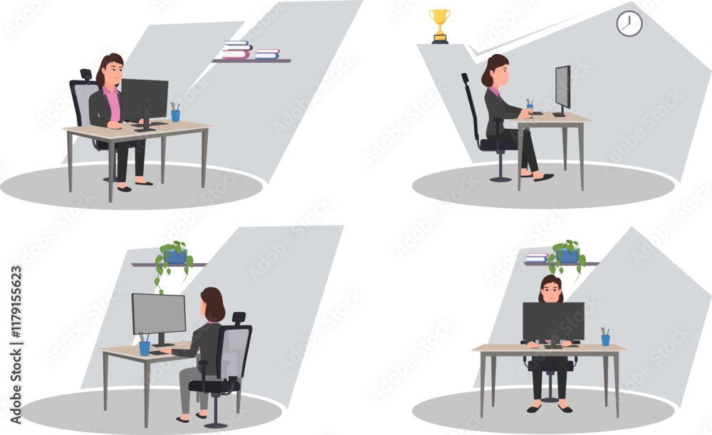 A business woman working with a computer in different views. Vector illustration A business woman working with a computer in different views. Vector illustration