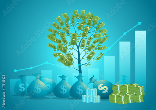 Increasing graph chart with money stacks, money bags, and a flourishing money tree in the background. Financial growth, investment success, wealth accumulation, and compound interest