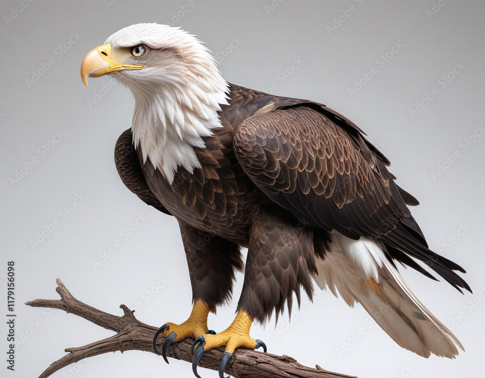 Majestic Bald Eagle Perched Gracefully on a Wooden Branch Majestic Bald Eagle Perched Gracefully on a Wooden Branch