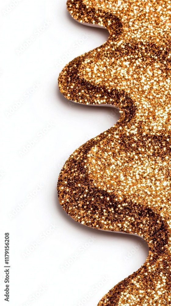 A photostock of a delicate gold glitter stream, curving gently with scattered sparkles, glowing softly on a white background. High Quality