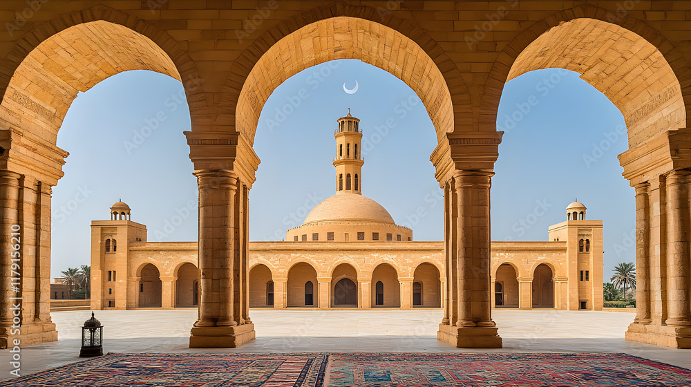Obraz premium majestic light beige mosque framed by arched entryways under vibrant blue sky with crescent moon