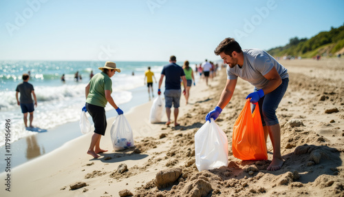 Volunteers cleaning beach during sunny Earth Day, teamwork for Earth