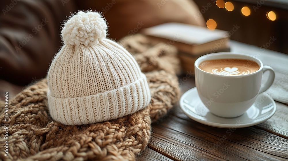 Cozy Winter Scene With Knitted Hat Coffee And Scarf Cozy Winter Scene With Knitted Hat Coffee And Scarf